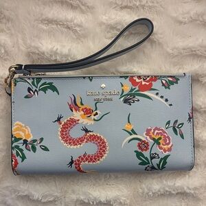 kate spade light blue floral & dragon wristlet clutch